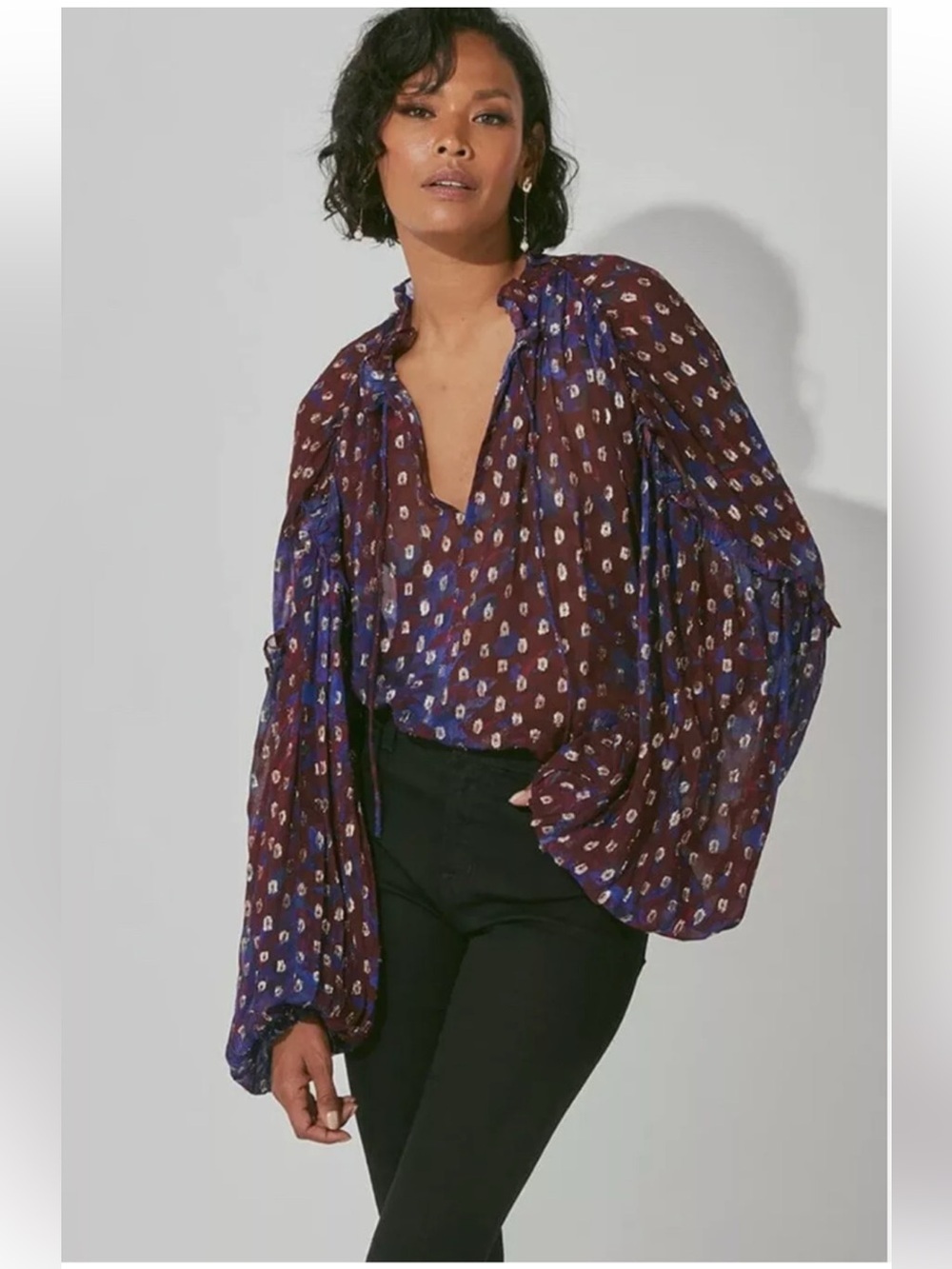 Cleobella Dara shimmer puff sleeve blouse sz sm